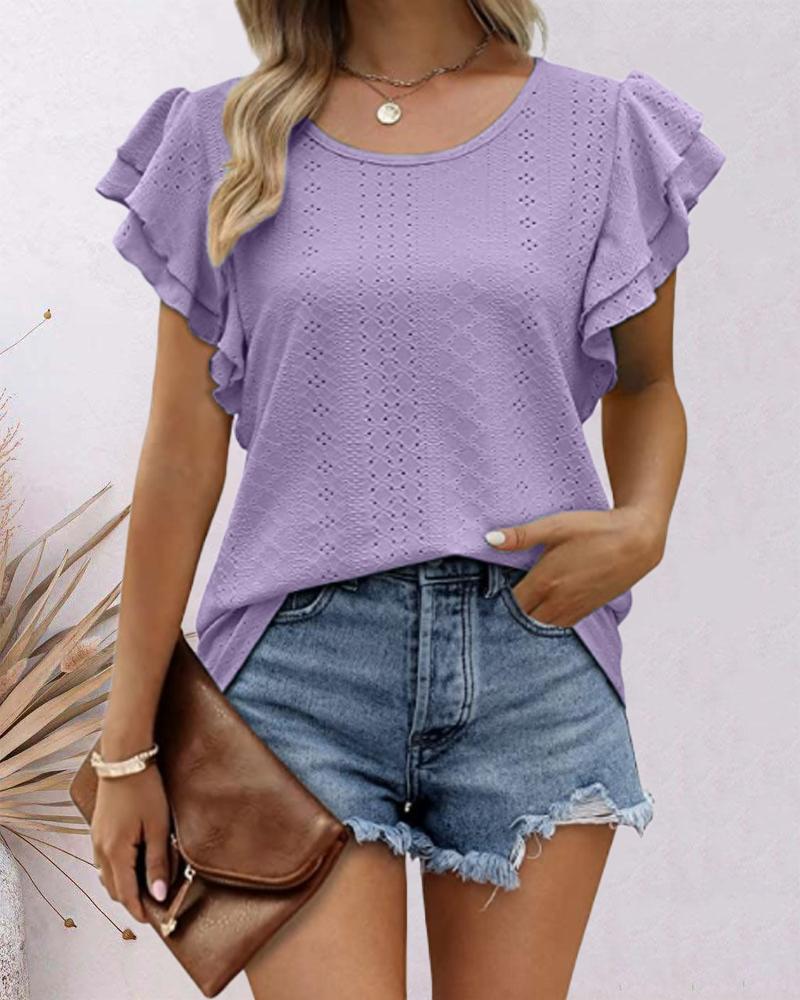 

Hollow Out Ruffle Hem Top, Purple