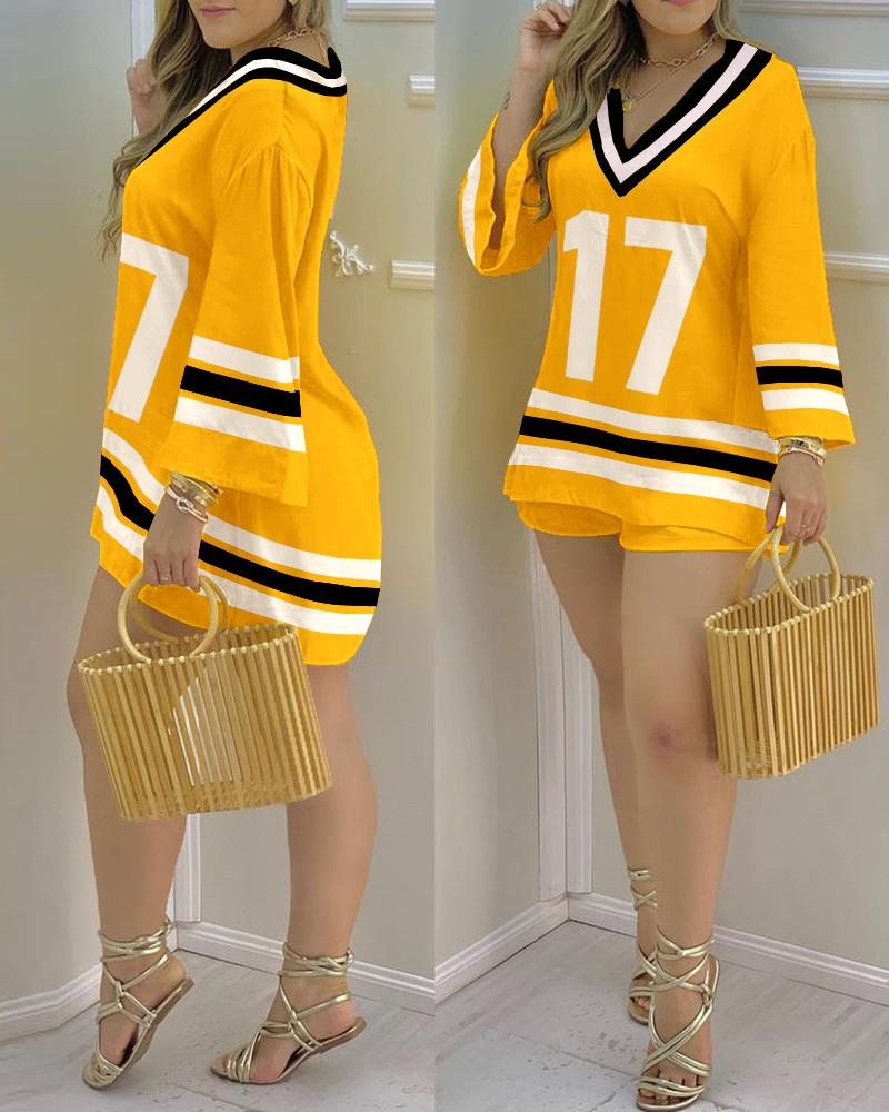 

Letter Print Bell Sleeve V-Neck Top & Shorts Set, Yellow