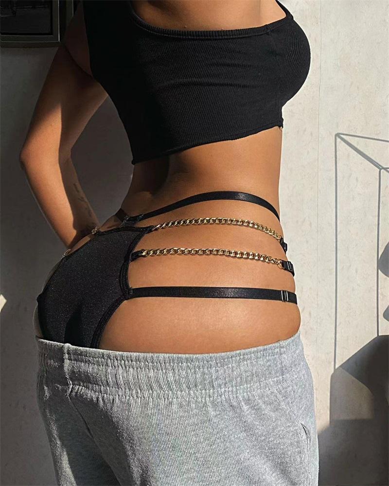 

Chain Decor Cutout Thong Panty, Black
