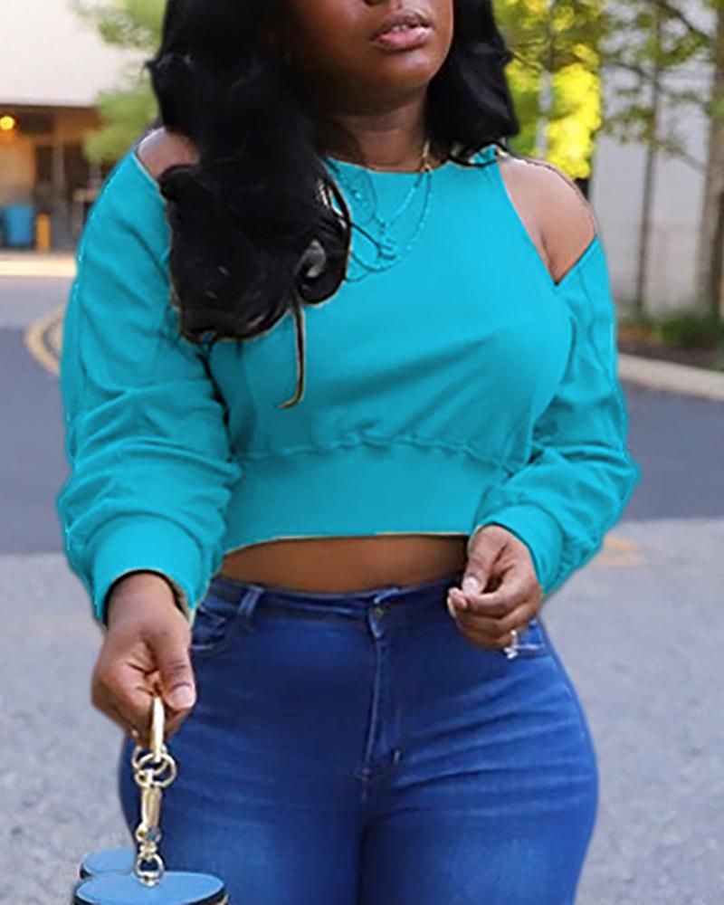 

Cold Shoulder Cutout Back Crop Sweatshirt, Blue