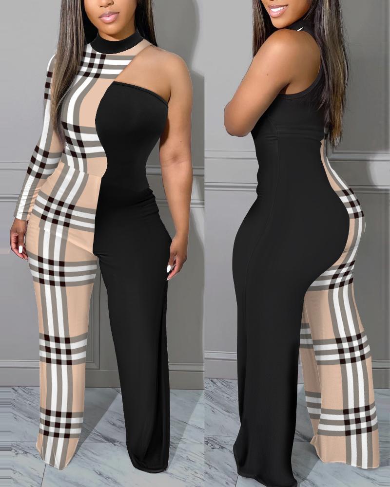 

Plaid Print One Shoulder Long Sleeve Jumpsuit, Brown
