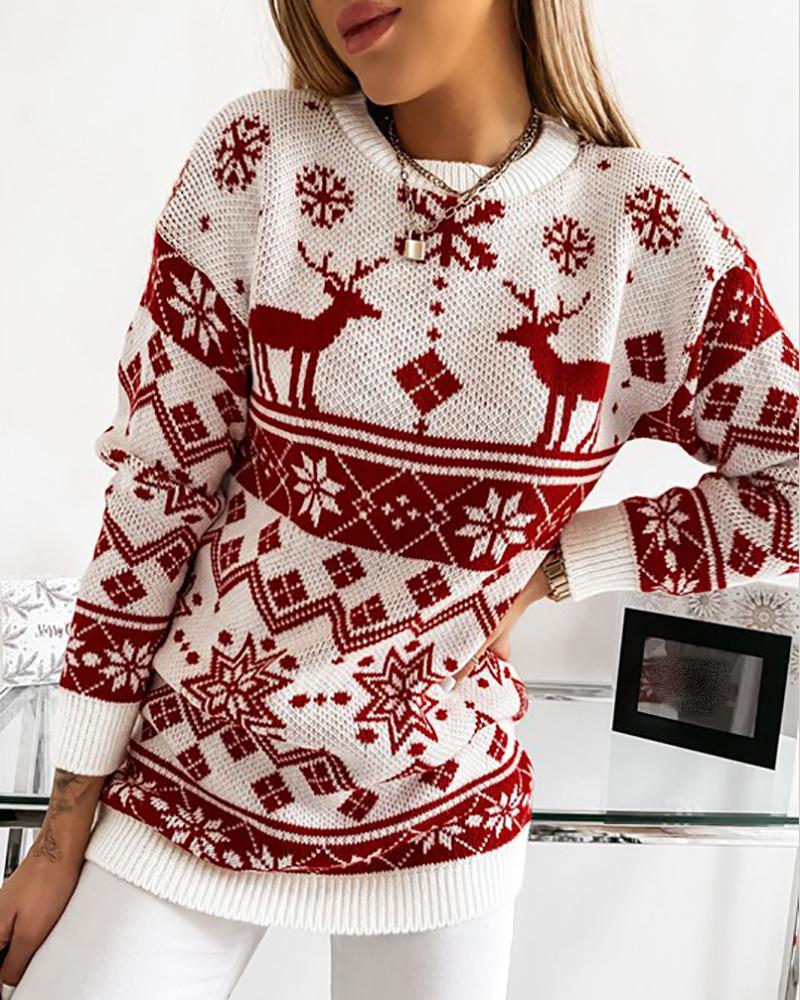 

Christmas Long Sleeve Deer Snowflake Print Ugly Sweater, Red