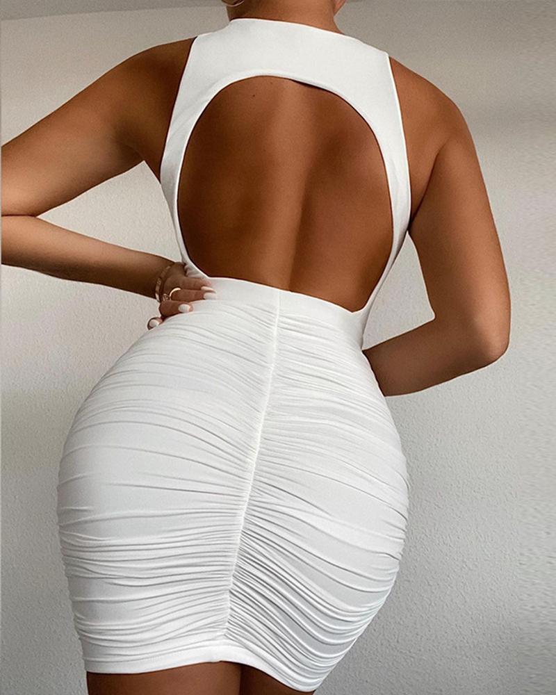 

Plain Backless Ruched Bodycon Dress, White