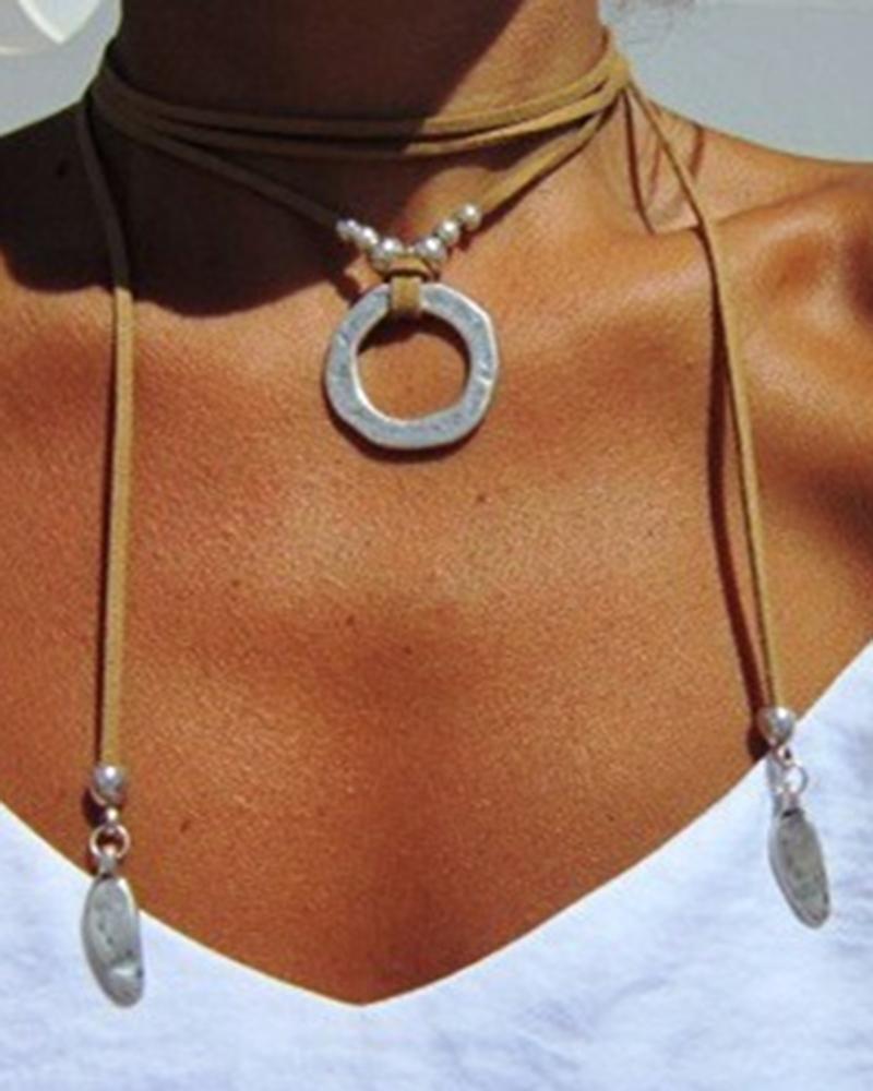 

1pc Western Ethnic Vintage Leather Multi-layer Tassel Choker, Silver