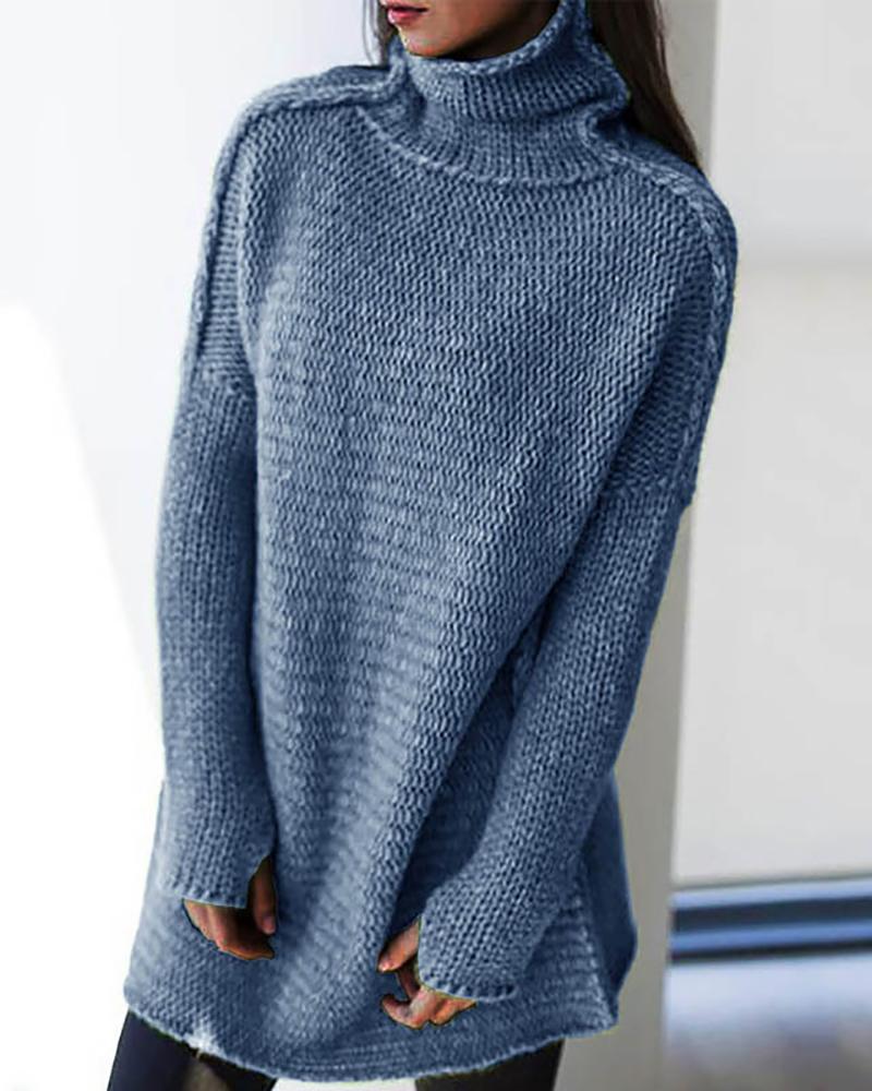 

High Neck Long Sleeve Casual Sweater, Blue