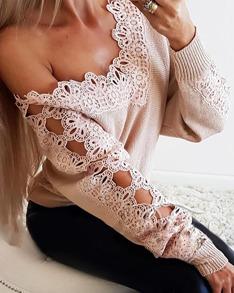 

Guipure Lace Cutout Knit Casual Sweater, Pink