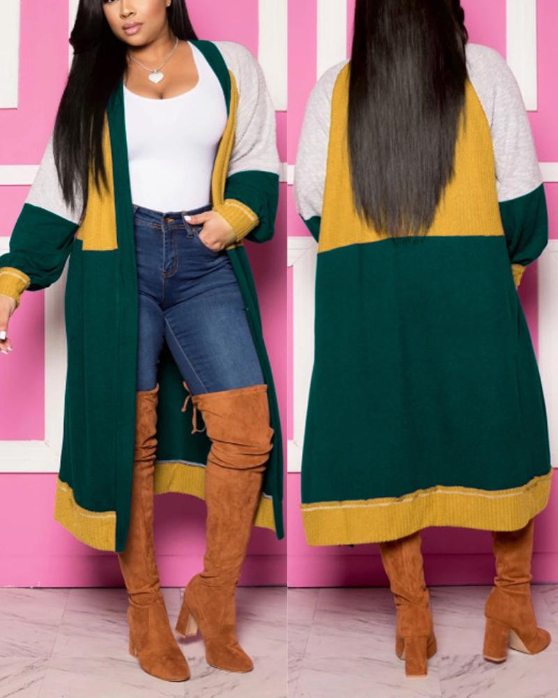 

Plus Size Colorblock Open Front Longline Coat, Yellow