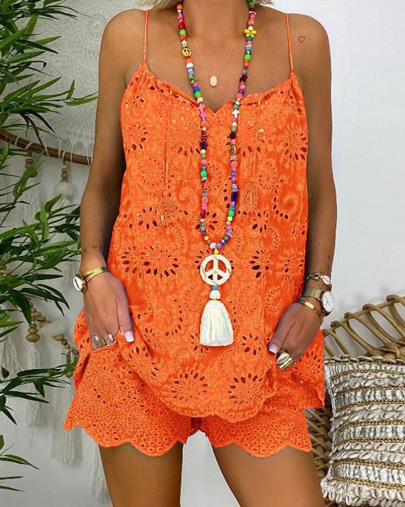 

Eyelet Embroidery Tassel Top & Shorts Set, Orange