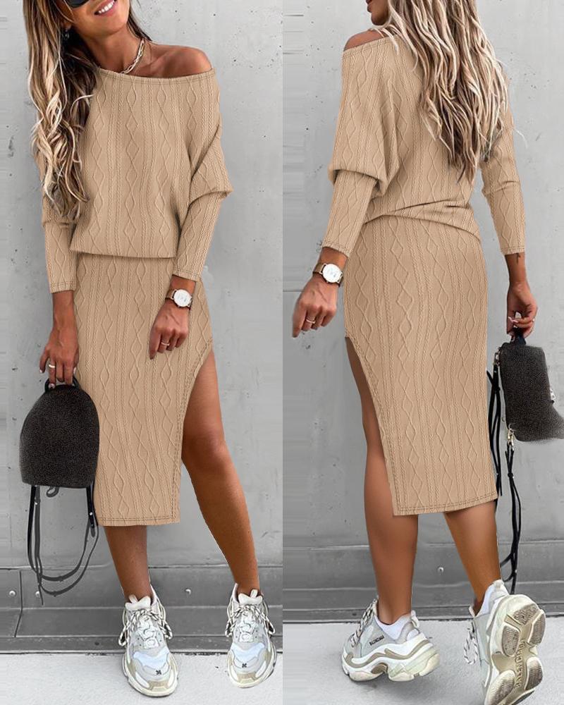 

Skew Neck Cable Textured Top & Slit Skirt Set, Khaki