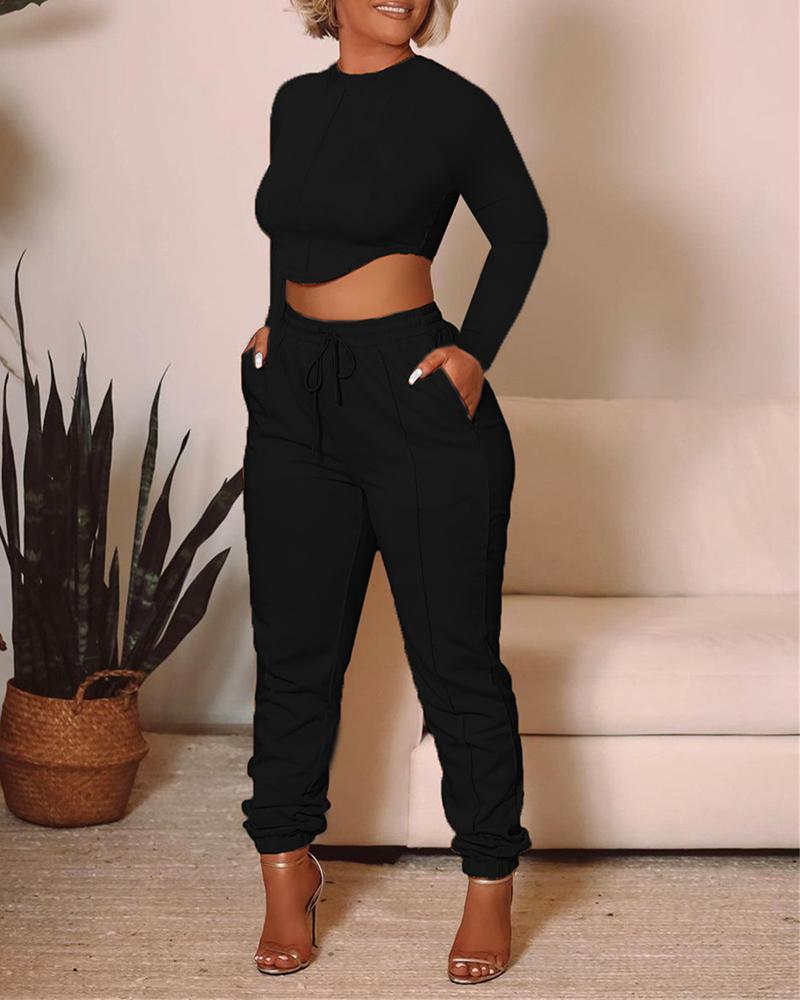 

O Neck Long Sleeve Top & Pocket Design Drawstring Pants Set, Black
