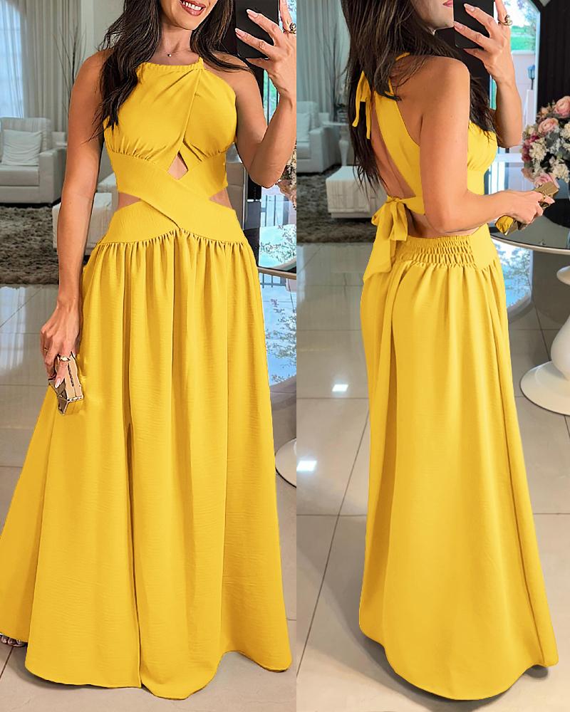 

Halter Sleeveless Tied Detail Shirred Criss Cross Flared Dress Glamorous Evening Dress, Dark yellow