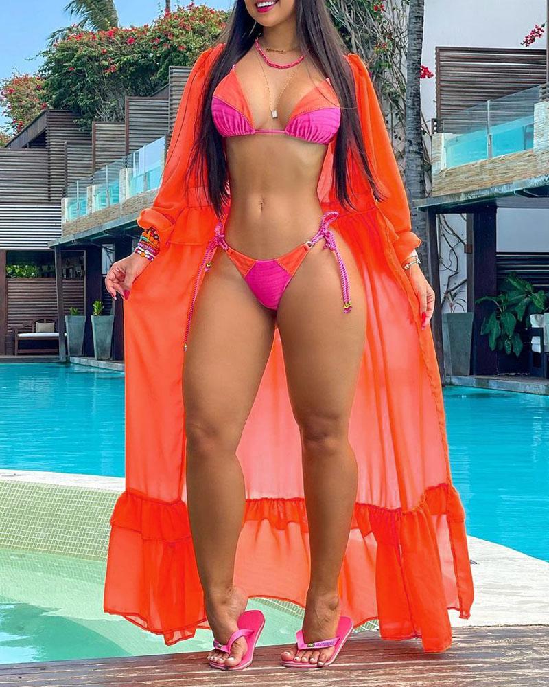 

3PCS Colorblock Tied Detail Bikini Set With Cover Up, Orange