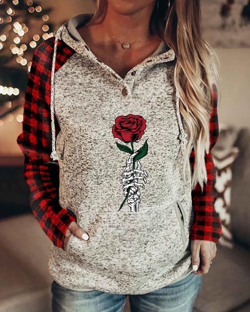 

Valentine' Day Rose Plaid Print Hooded Sweatshirt, Style2