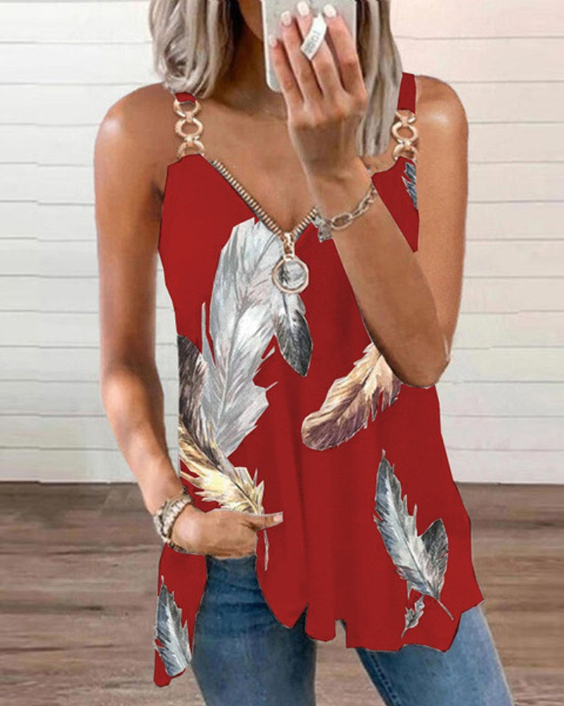 

Feather Print Zip Front Chain Strap Flowy Tank Top, Red