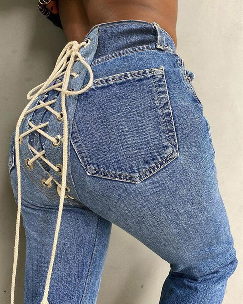 

Zipper Fly Lace-Up Back Skinny Jeans, Blue