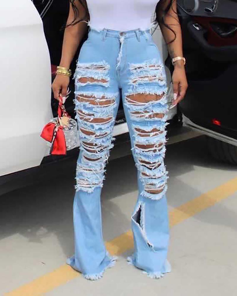 

Ripped Bell Bottom Fringe Hem Denim Pants, Blue