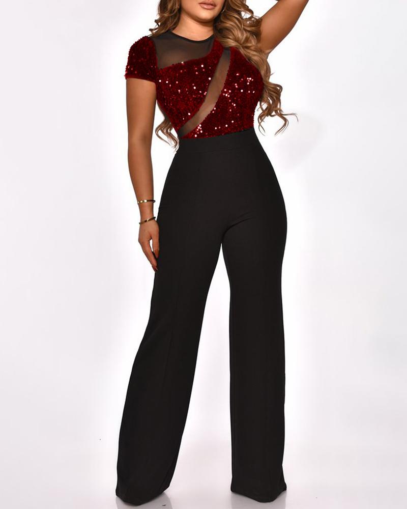 

Sheer Mesh Sequins Wide Leg Short Sleeve Jumpsuit, Wine red