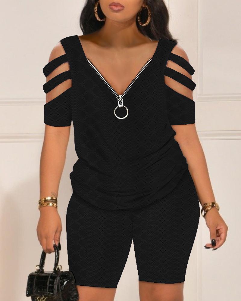 

Eyelet Embroidery Cold Shoulder Top & Shorts Set, Black