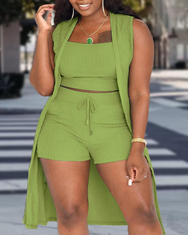 

Plus Size 3PCS Ribbed Crop Tank Top & Shorts Set With Vest Coat, Green