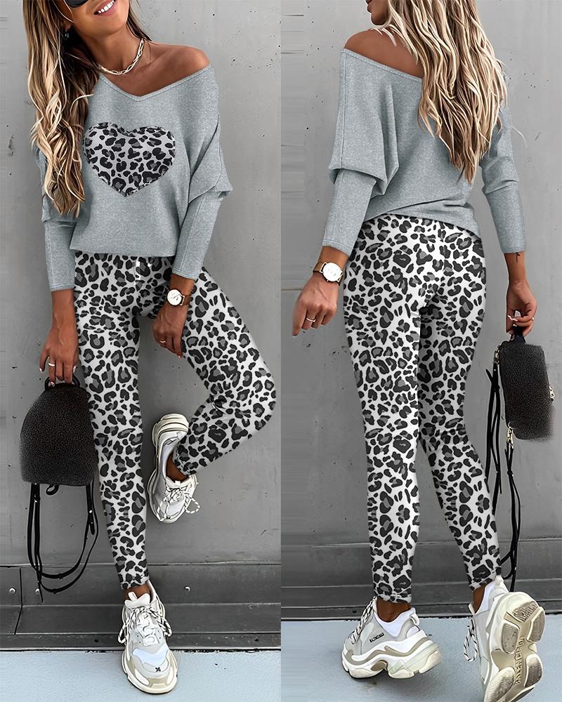 Heart Leopard Print Asymmetrical Neck Top & Pants Set