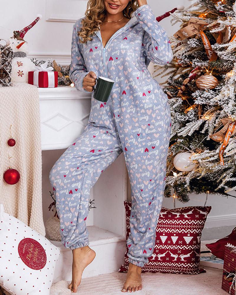 

Heart Letter Print Zipper Front Lounge Jumpsuit, Gray