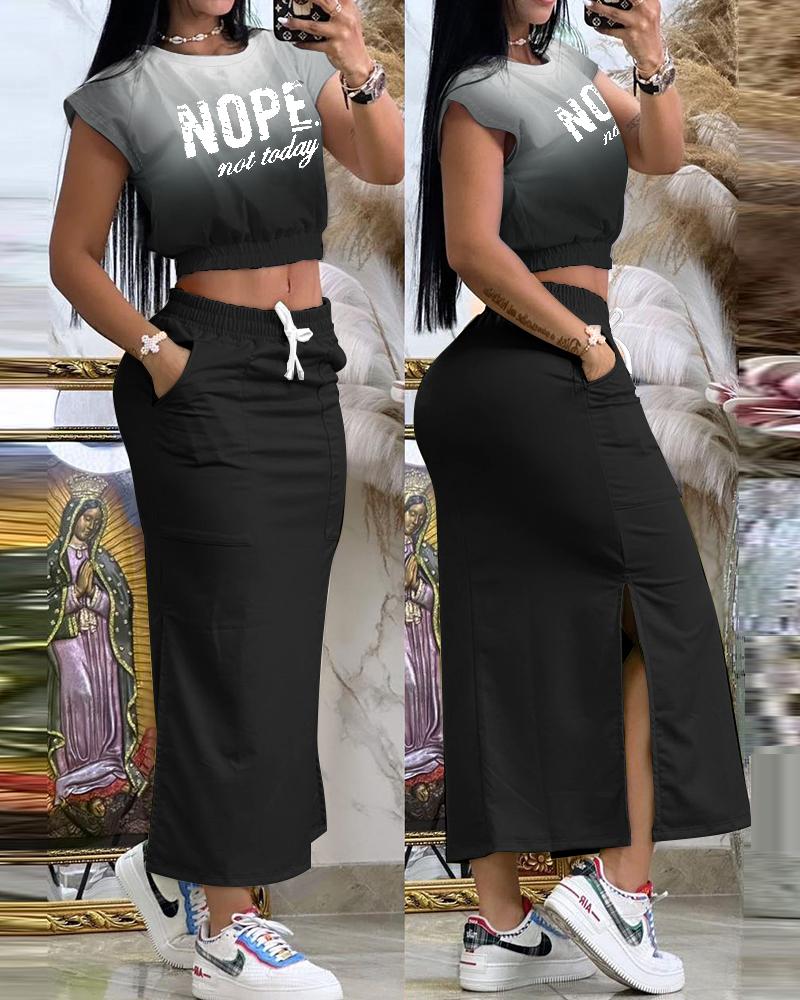 Nope Not Today Print Ombre Crop T-Shirt & Slit Drawstring Skirt Set