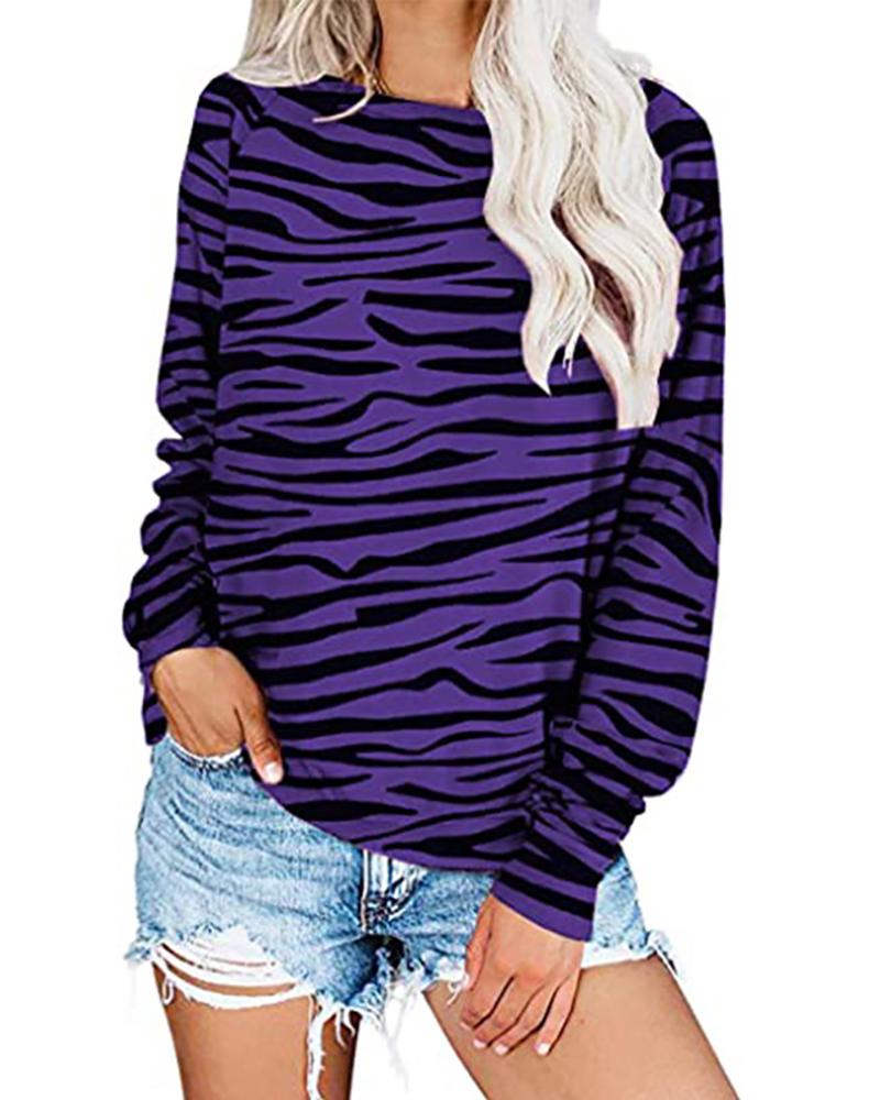 

Zebra Stripe Pattern Print Long Sleeve Casual Top, Purple