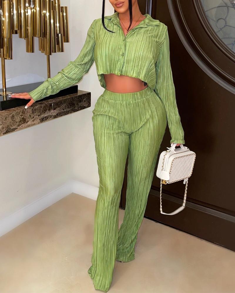 

Long Sleeve Button Down Shirt & Pants Set, Green