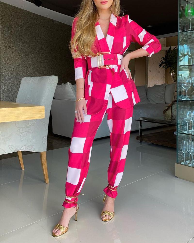 

Plaid Print Blazer Coat & Pants Set With Belt, Hot pink