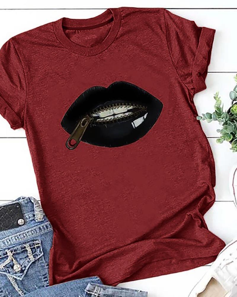 

Lip Zipper Print Short Sleeve Casual T-shirt, Red