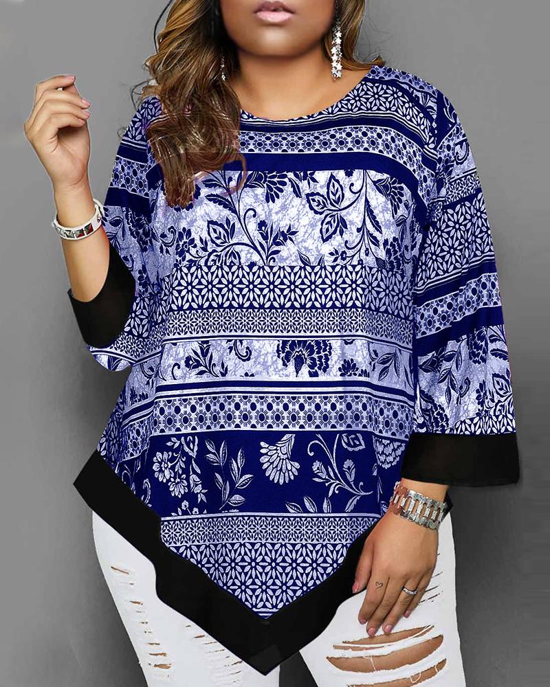 

Plus Size Tribal Print Asymmetrical Hem Top, Blue