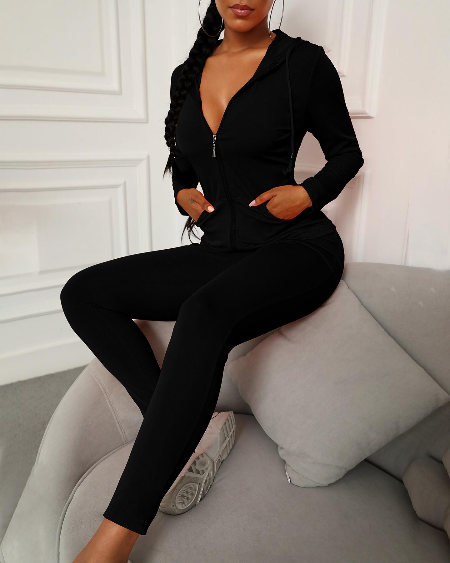 

Zipper Design Hooded Top & Fitted Pants Set, Black