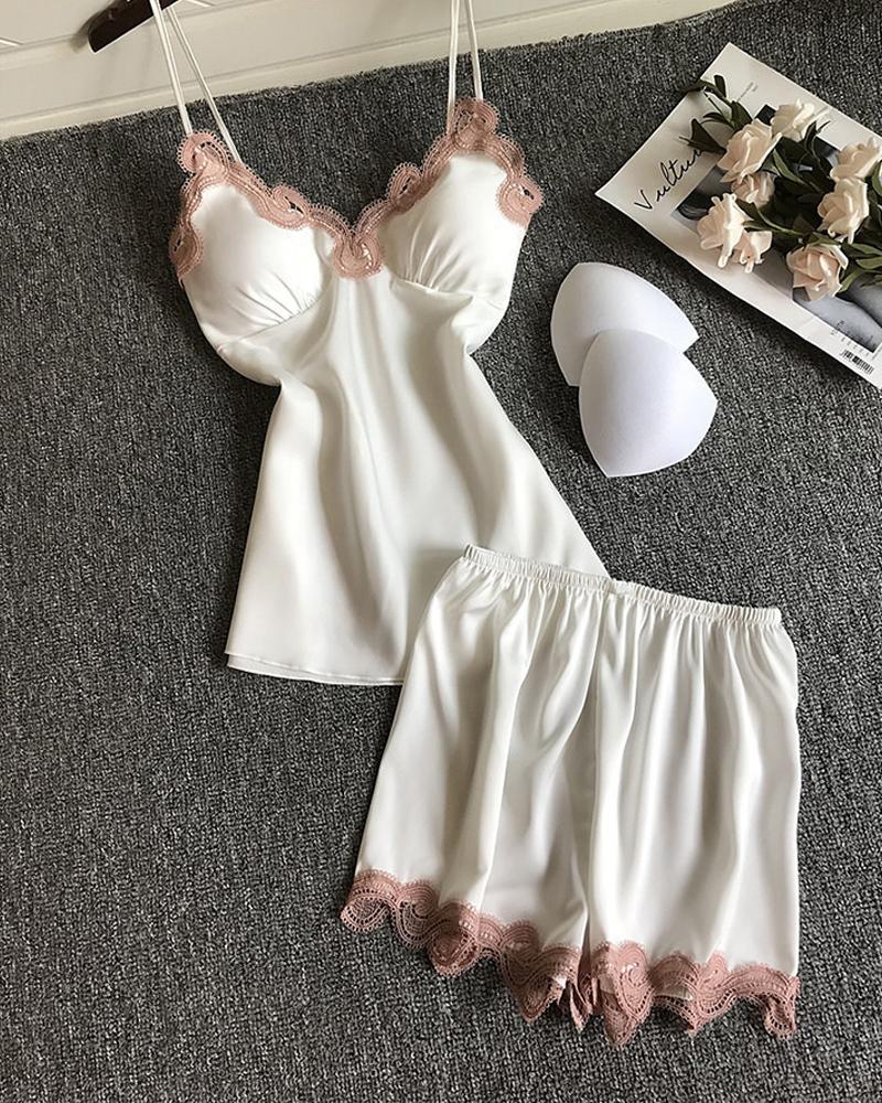 

Satin Lace Trim Padded Cami Set, White