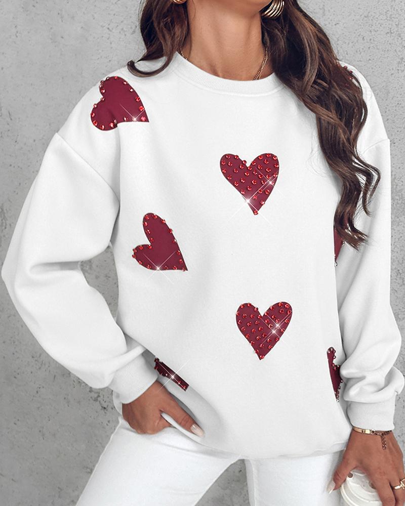 

Heart Print Long Sleeve Rhinestone Decor Sweatshirt, White