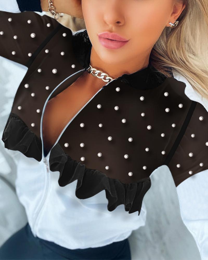 

Colorblock Contrast Mesh Zipper Front Ruffles Beaded Long Sleeve Coat, Blackwhite