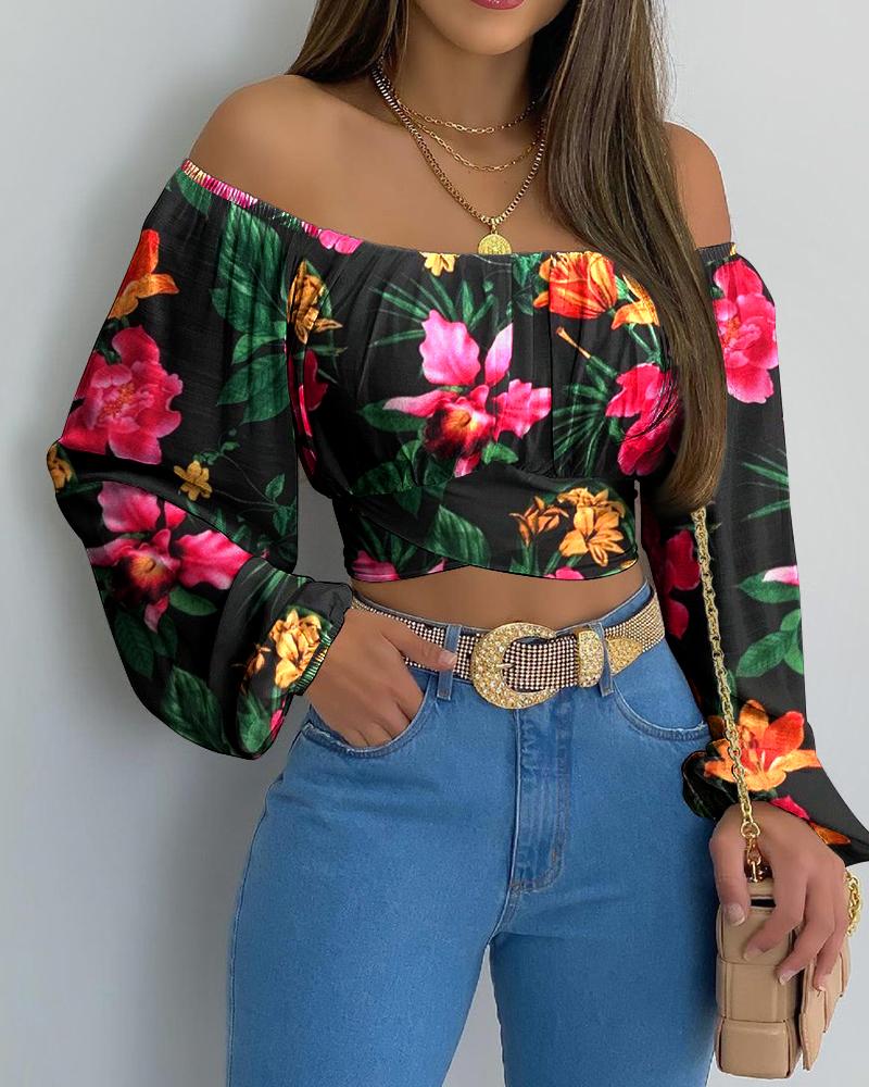 

Tropical Print Off Shoulder Tie Back Crop Top, Black