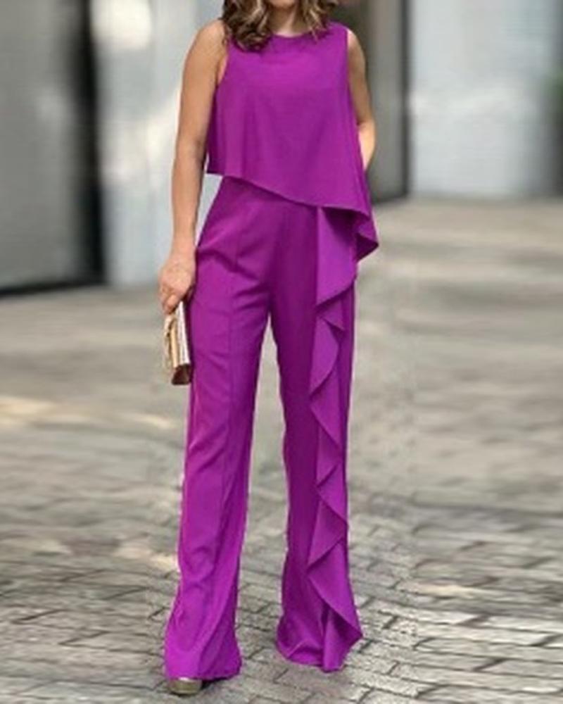 

Plain Ruffle Hem Sleeveless Jumpsuit, Purple