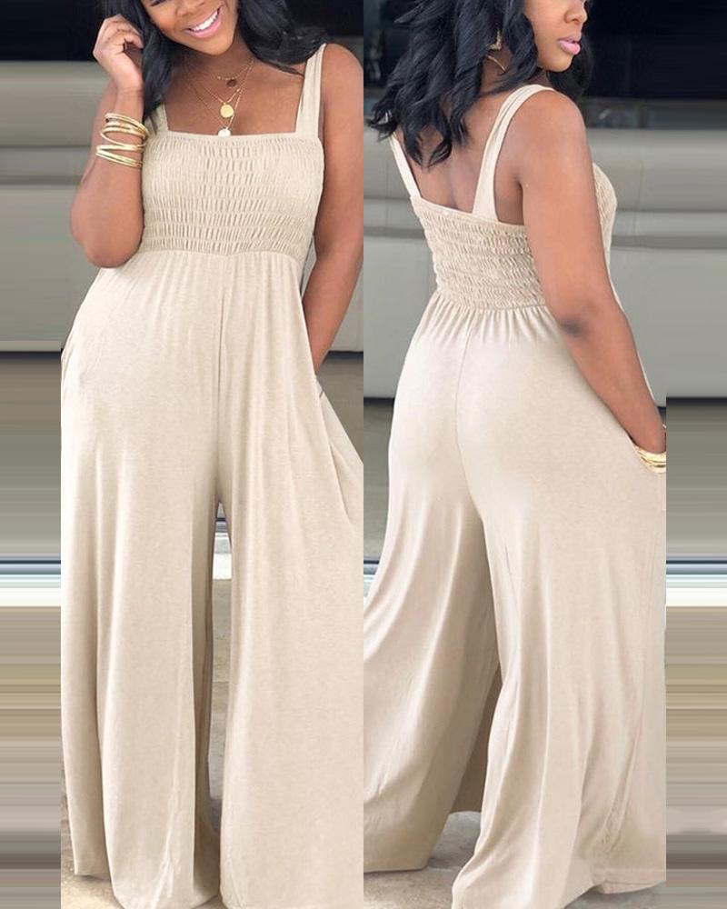 

Sleeveless Shirred Wide Leg Jumpsuit, Apricot