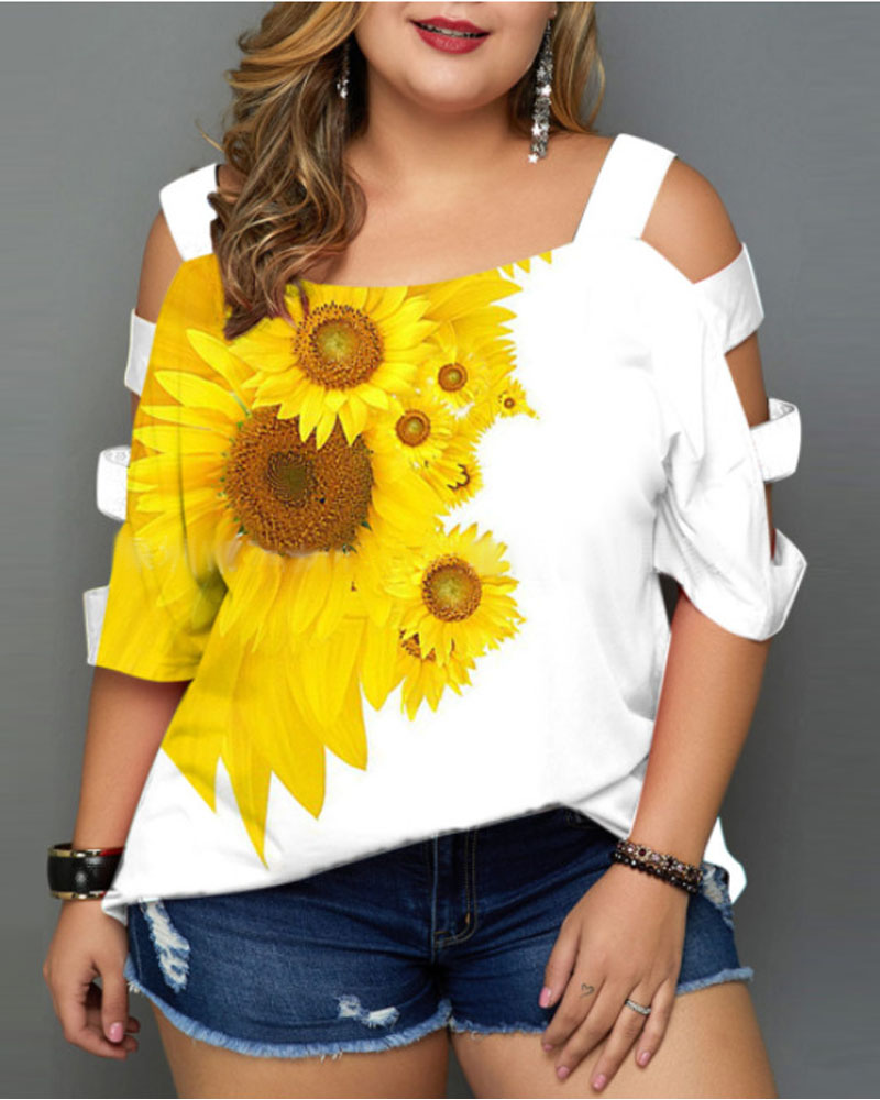 

Plus Size Sunflower Print Ladder Cutout Cold Shoulder T-shirt, White