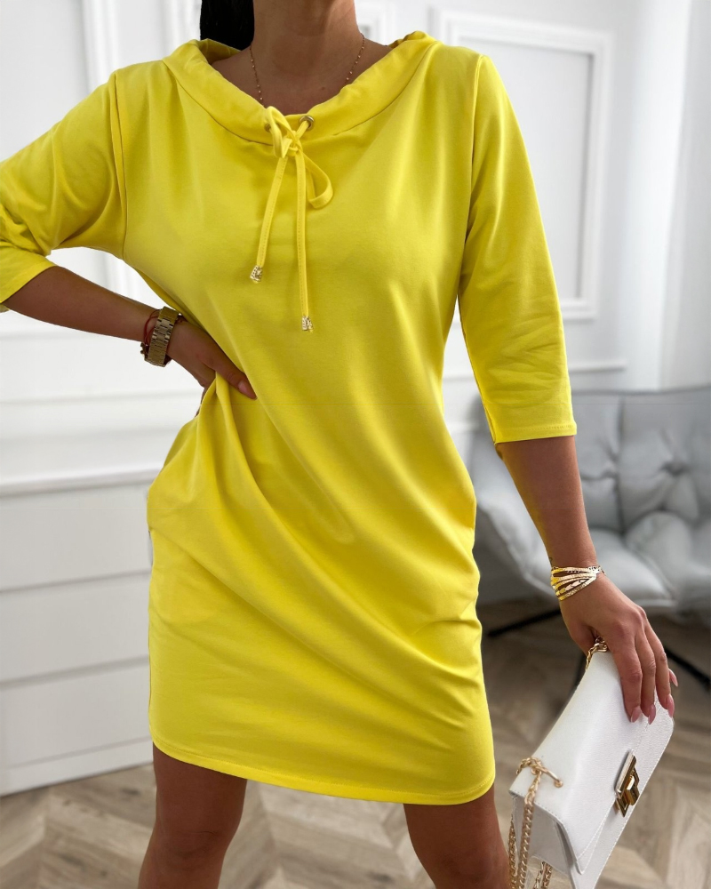 

Stand Collar Drawstring Three Quarters Sleeve Casual Sweatshirt Dress, Yellow