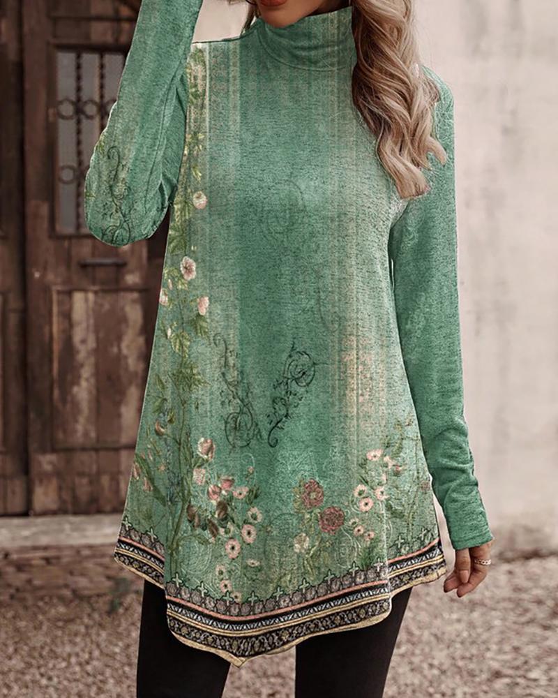 

Floral Tribal Print High Neck Top, Green