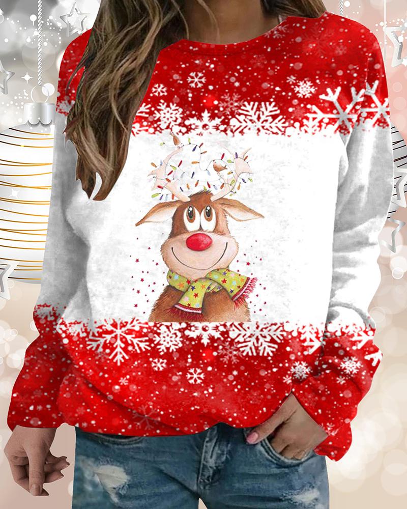 

Christmas Graphic Elk Print Round Neck Sweatshirt, Red