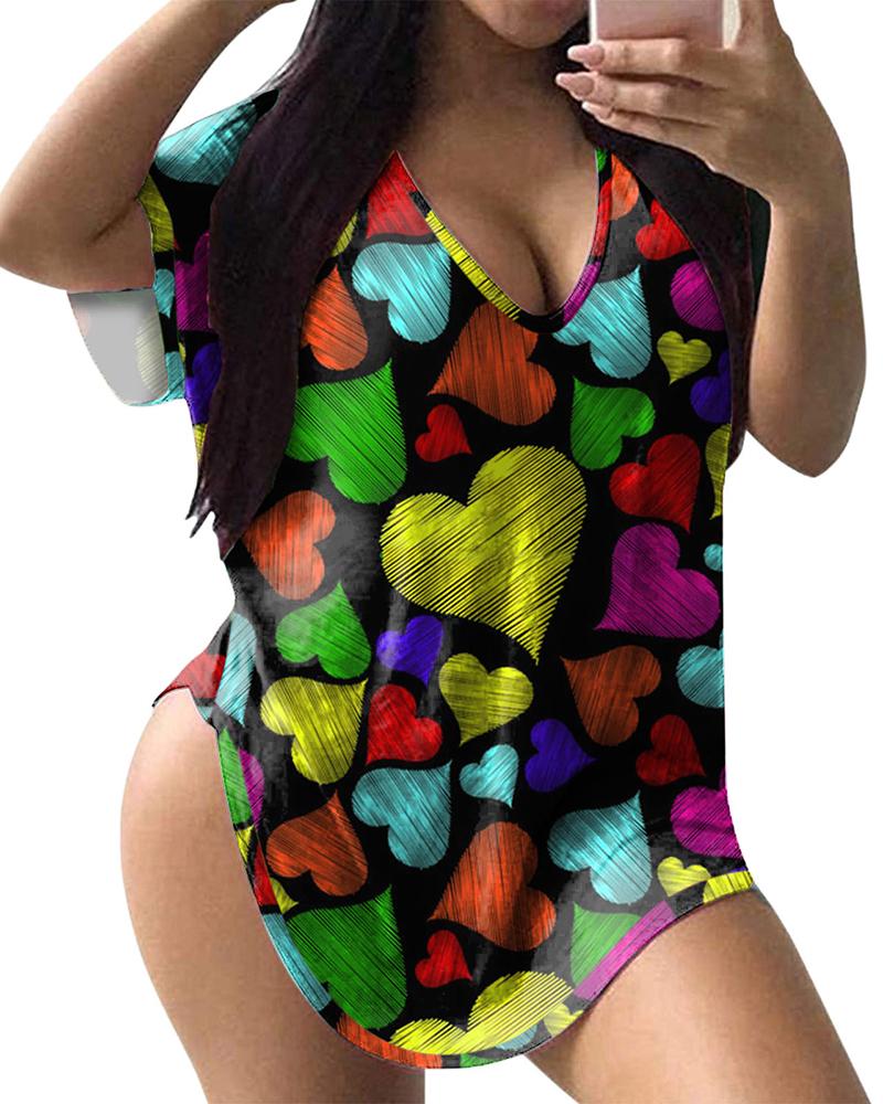 

Colorblock Heart Print V Neck Top, Green