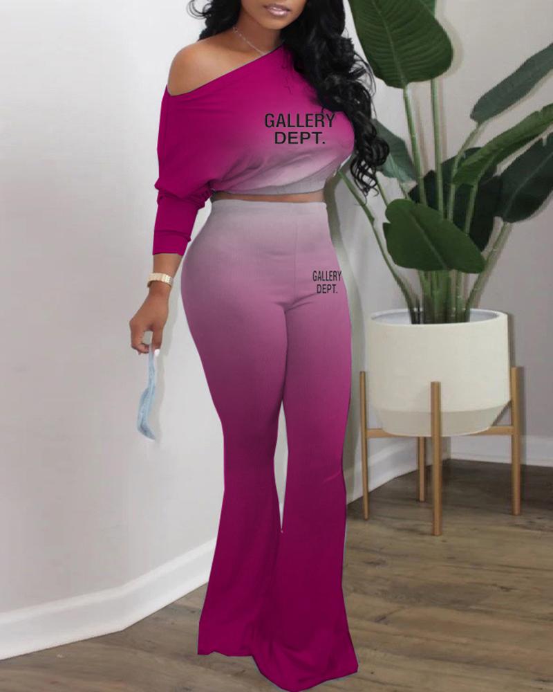 

Ombre Letter Print Top & Bootcut Pants Set, Hot pink