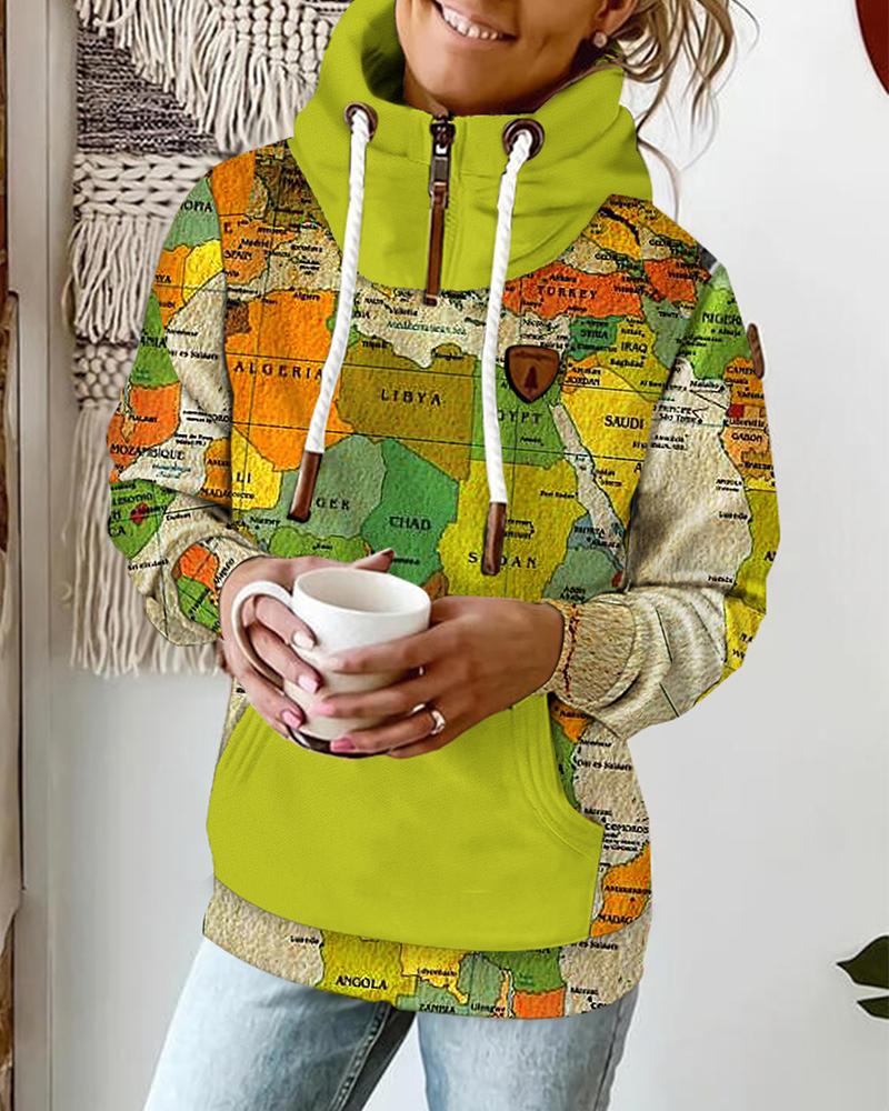 

Map Print Long Sleeve Drawstring Hoodie, Green