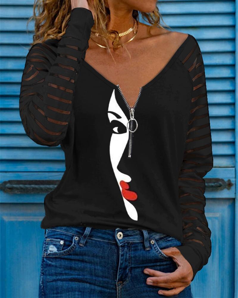 

Abstract Figure Print Zip Front Long Sleeve Top, Black