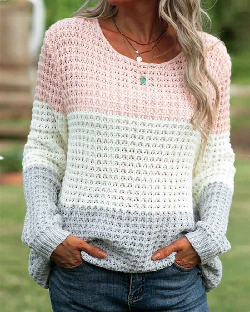 

Color Block Long Sleeve Knit Sweater, Pink