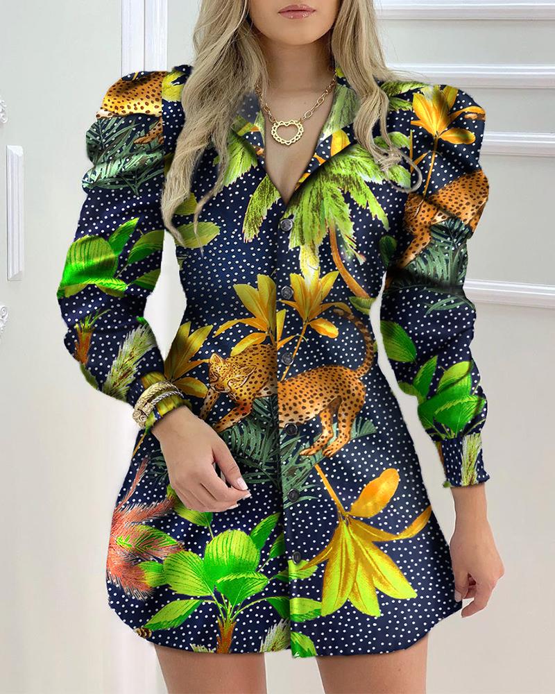 Tropical Animal Print Puff Sleeve Button Down Shirt Dress