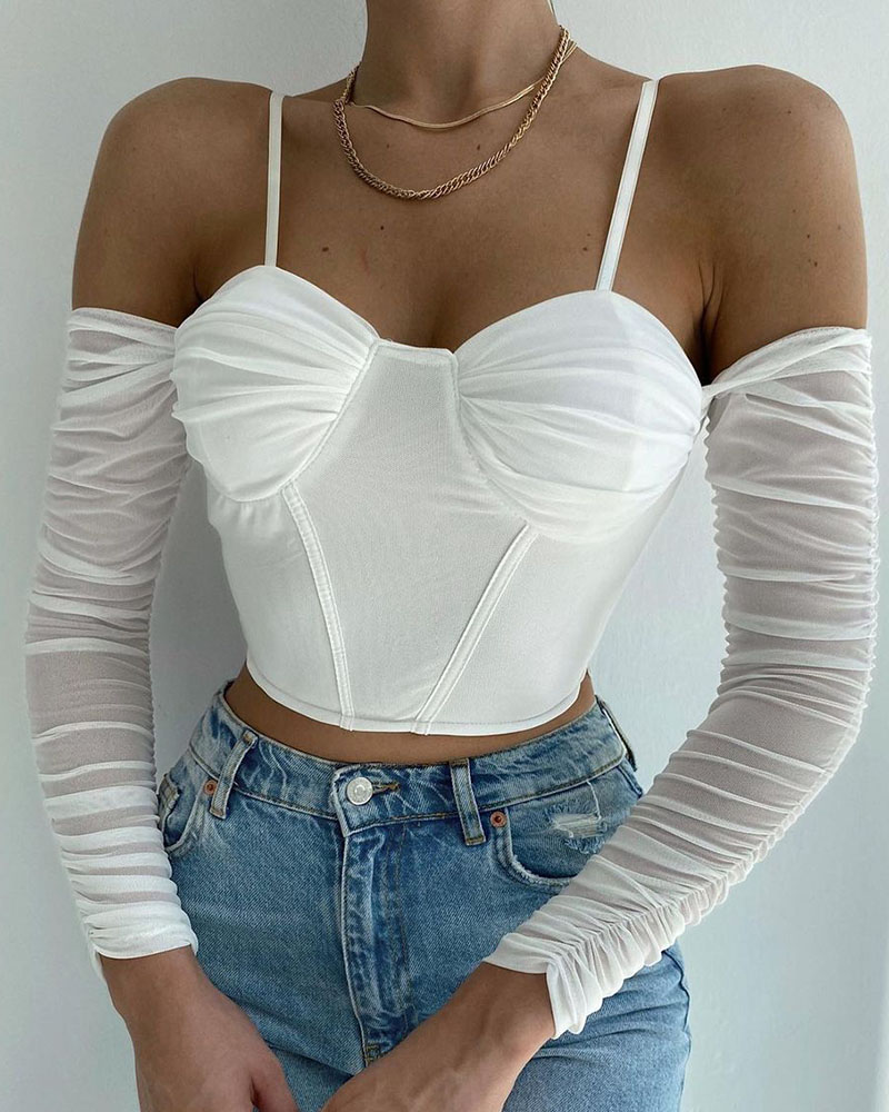 

Cold Shoulder Ruched Skinny Crop Top, White