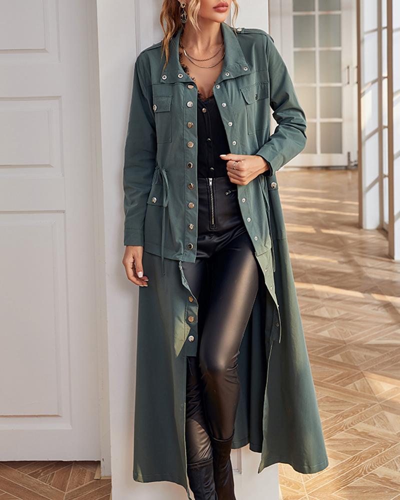 

Pocket Design Buttoned Drawstring Coat, Green